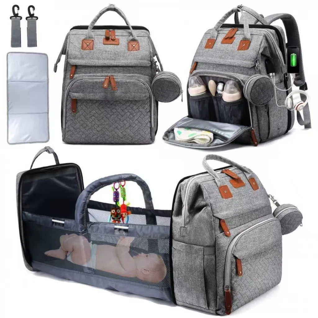 3-in-1 Diaper Backpack with Foldable Baby Bed – Portable Changing Station & Travel Crib for Parents