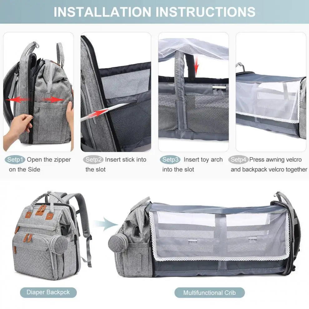 3-in-1 Diaper Backpack with Foldable Baby Bed – Portable Changing Station & Travel Crib for Parents