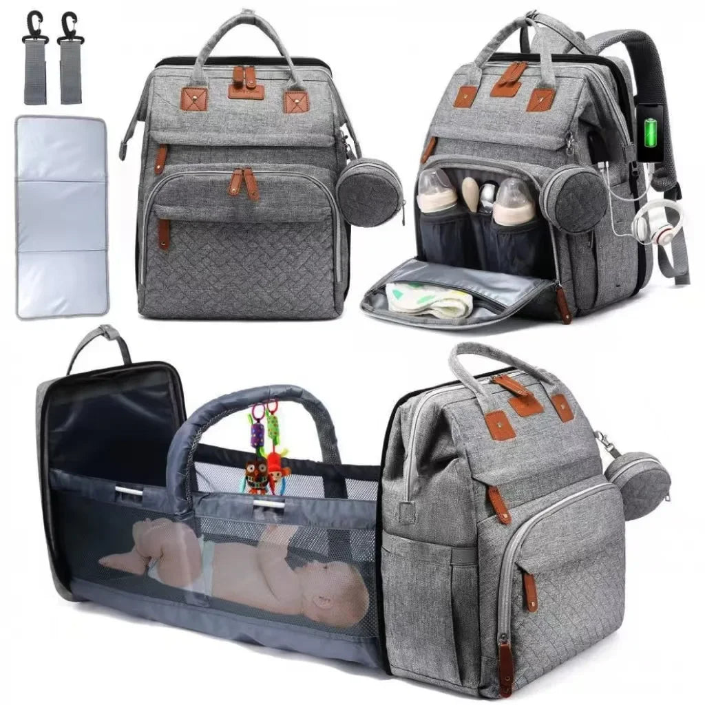 3-in-1 Diaper Backpack with Foldable Baby Bed – Portable Changing Station & Travel Crib for Parents