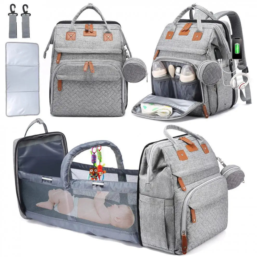 3-in-1 Diaper Backpack with Foldable Baby Bed – Portable Changing Station & Travel Crib for Parents